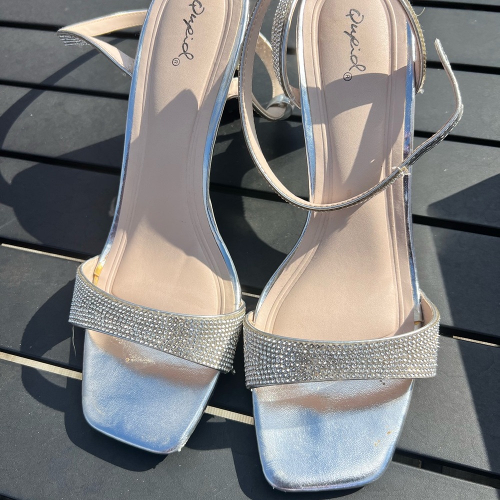 Qupid Silver Rhinestone Strappy Heels